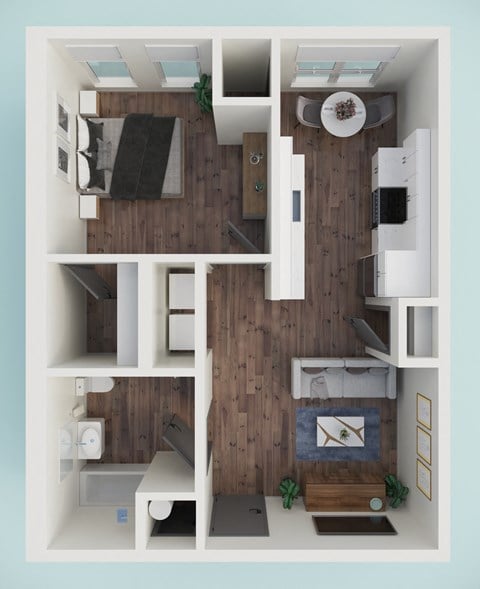Floor plan for 1 bed, 1 bath, 635 sqft